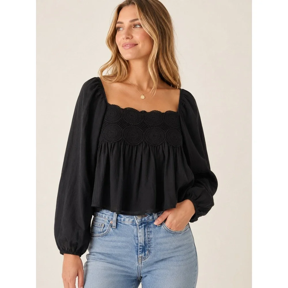 Free People Black Crochet Lace Inset Square Neck Puff Sleeve Babydoll Blouse L